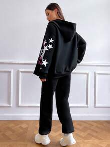 2pcs Women Bear & Star Print Hoodie Sweatshirt And Sweatpants Set, Autumn - Black - View 2
