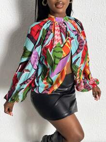 Slaydiva Blusa Con Nudo En La Espalda Y Estampado Integral Para Mujer
