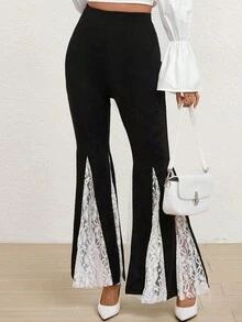 SHEIN Privé 蕾絲拼接喇叭褲 - 黑色 - 查看 3