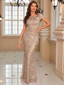 UNITHORSE 女士船领闪亮鱼尾下摆晚礼服派对礼服婚礼宾客礼服正式礼服晚礼服、新娘礼服、生日礼服、毕业礼服 - 杏色 - 查看 4