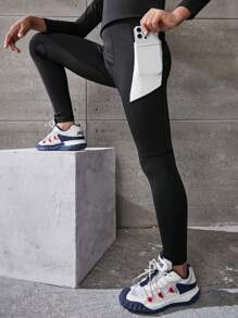 Teen Boys Sports & Outdoor Tight Pants With Pocket, White, High Elasticity, Free Stretching, Fashionable, Versatile, Classic, For Running, Cycling, Hiking, Indoor Exercise, Comprehensive Training - Black - View 6