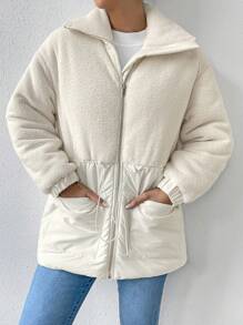 Chiquease Elegant Fur Collar & Cinching Waist Padded Padded Coat Clothes Winter With Patchwork - Apricot - View 4