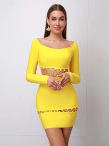 Modphy Off Shoulder Cut Out Chain Detail Bandage Bodycon Dress - Yellow - View 5