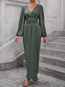 SHEIN Clasi 分割裾v領襯托袖子洋裝 - 軍綠色 - 查看 4