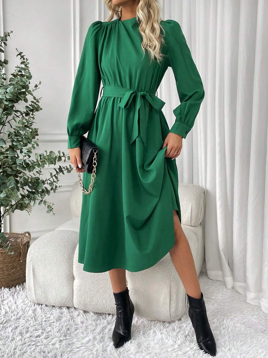 Chiquease Women's Round Neck Puff Sleeve Drop Waist Dress - Green - View 1