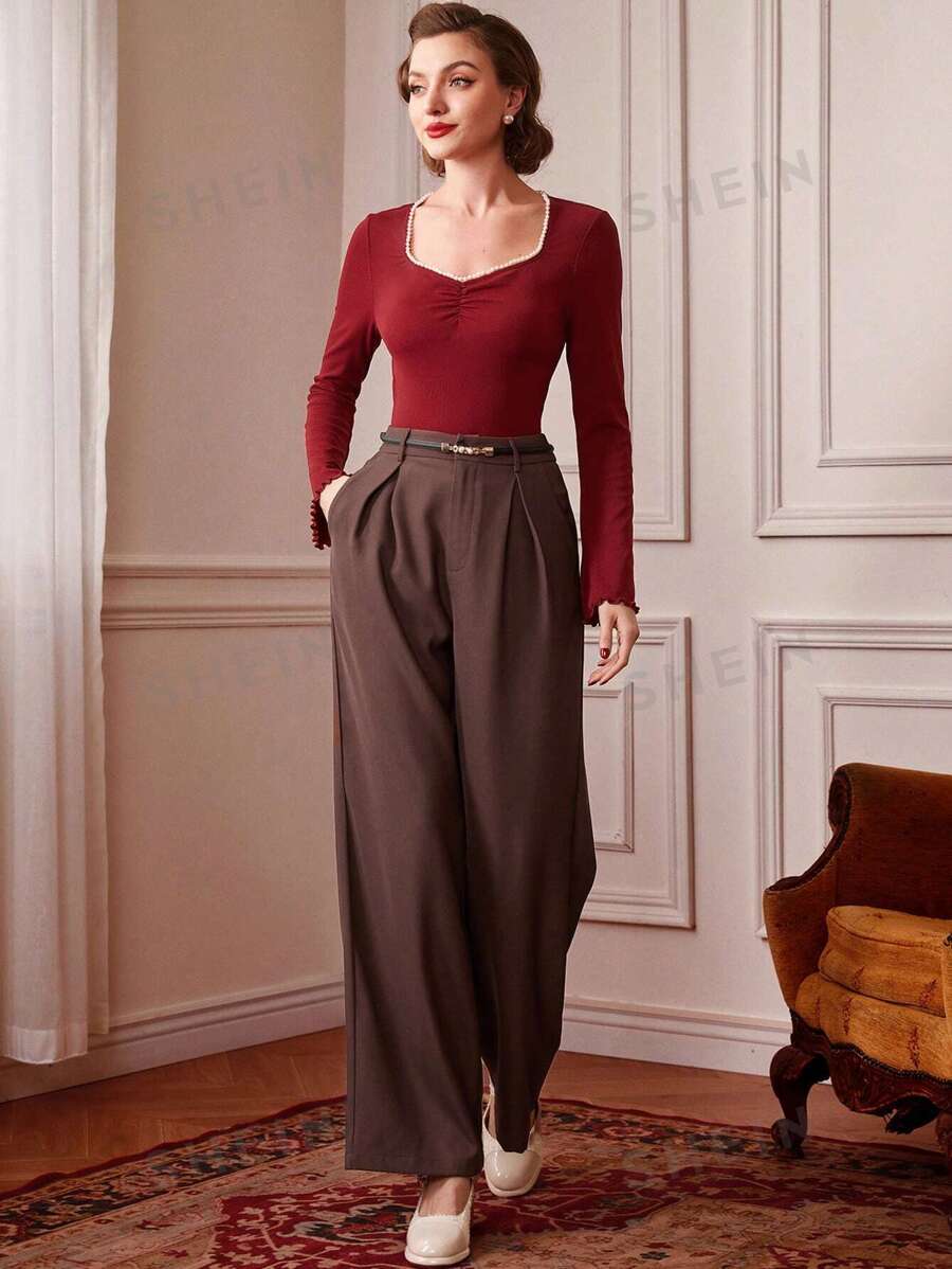 SHEIN DECDS Vintage Elegant Women's Christmas Red Tshirt With Pearl