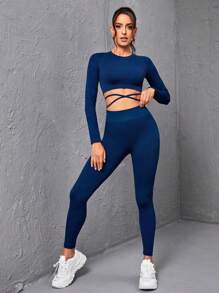 Yoga Basic Conjunto De Ropa Deportiva De Camuflaje Sin Costuras De Alta Elasticidad Para Mujer - Azul Marino - Ver 6