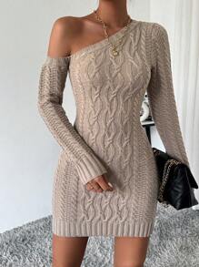SHEIN Essnce Váy len dài tay cổ bất đối xứng cho nữ - Màu Khaki - Xem 4