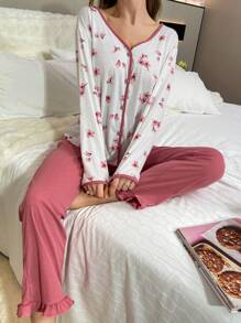 Women's Floral Print Pajama Set With Contrast Trim, Fall Winter Clothes - Hot Pink - View 4