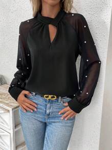 SHEIN Frenchy Button Up Mesh & Bead Patchwork Keyhole Neckline Shirt - Black - View 1