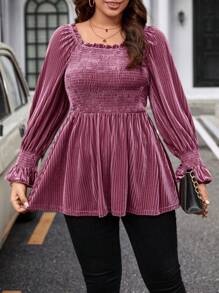 Celure Kích thước lớn Tay áo xù Nếp uốn Áo thun Với Viền trang trí - Màu tím - Xem 4