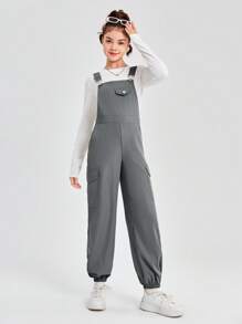 SHEIN Teen Girls Casual Woven Solid Color Pocket Cargo Adjustable Instep Jumpsuit - Grey - View 6