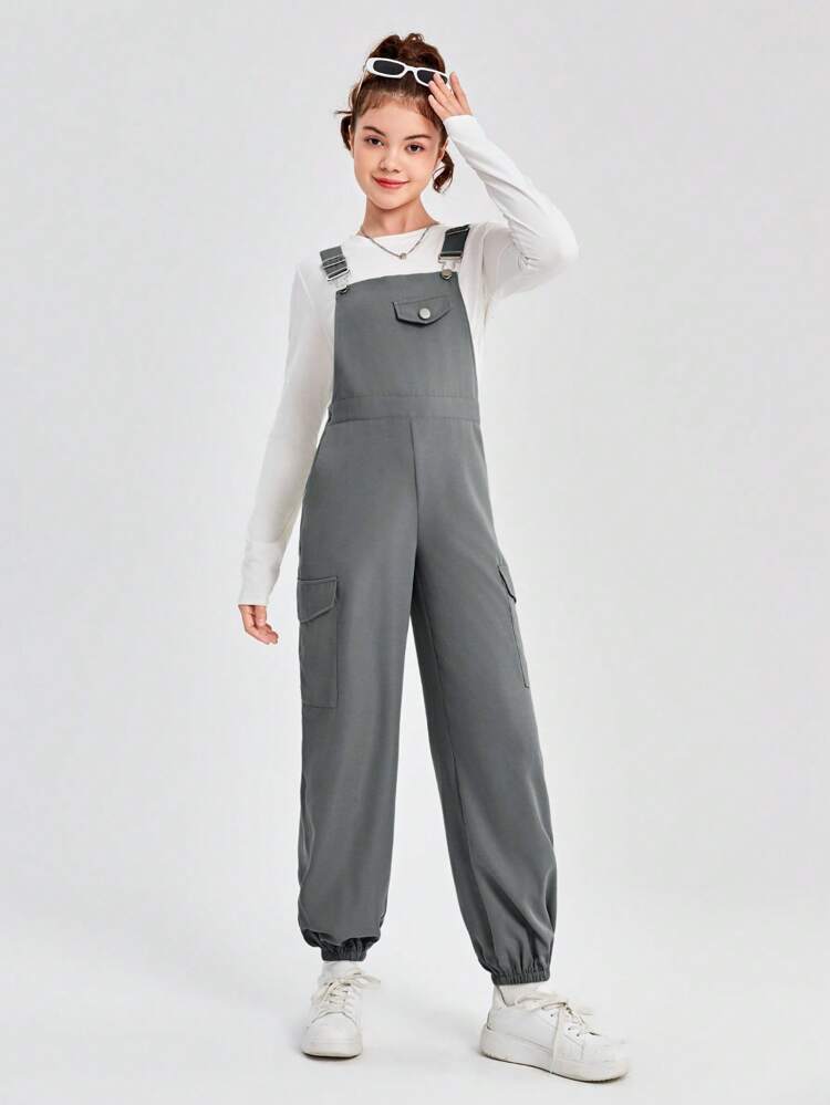 Teen Girls Casual Woven Solid Color Pocket Cargo Adjustable Instep Jumpsuit