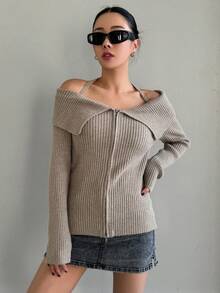 DAZY 女式拉鍊開合掛脖開襟衫 - 卡其色 - 查看 3