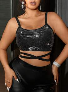 SHEIN LUNE Plus Crisscross Tie Back Crop Cami Top - Black - View 1