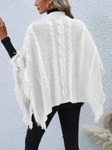 SHEIN LUNE Tassel-Edge Poncho Sweater Knit Pullover Fall Winter Outfit - White - View 2