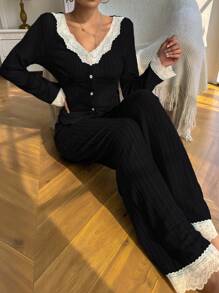 SHEIN Women's Lace Splicing V-Neck Sleepwear Set Pajama Set - Black - View 5