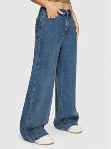 ROMWE Street Life Quần Jeans Nữ Dáng Thẳng Đơn Giản Màu Trơn Thêu Chữ Vine Phong Cách Đường Phố - Màu xanh lam - Xem 3
