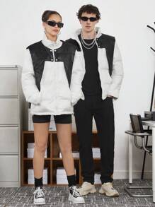 Manfinity VCAY Men Two Tone Zip Up Loose Padded Coat, For Fall Winter - White - View 4