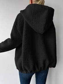 EURMUSE Women's Solid Color Hooded Drop Shoulder Jacket - Black - View 2