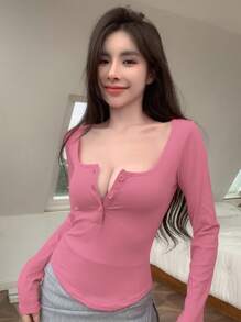 DAZY Solid Color Square Neck Long Sleeve T-Shirt,Fall Clothes - Pink - View 2