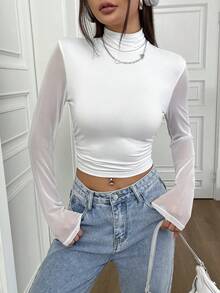 SHEIN Unity Áo thun trơn màu có lưới tương phản, chi tiết xếp nếp và cổ cao - trắng - Xem 4
