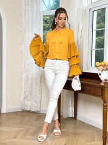 SHEIN Privé Của phụ nữ Nhiều lớp Tay áo xù Áo sơ mi Với Bowknot Và Dây thắt lưng - Màu vàng - Xem 3