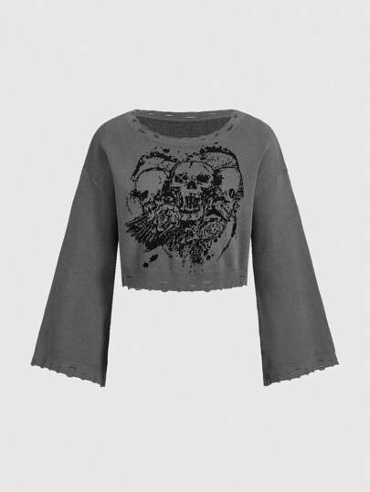 Goth Suéter con mangas de campana con estampado de calavera y efecto envejecido, para otoño/invierno