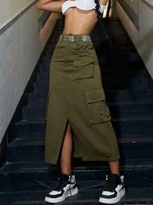 Street High Waist Flap Pocket Slit Hem Cargo Skirt Without Waist Belt - Army Green - View 1