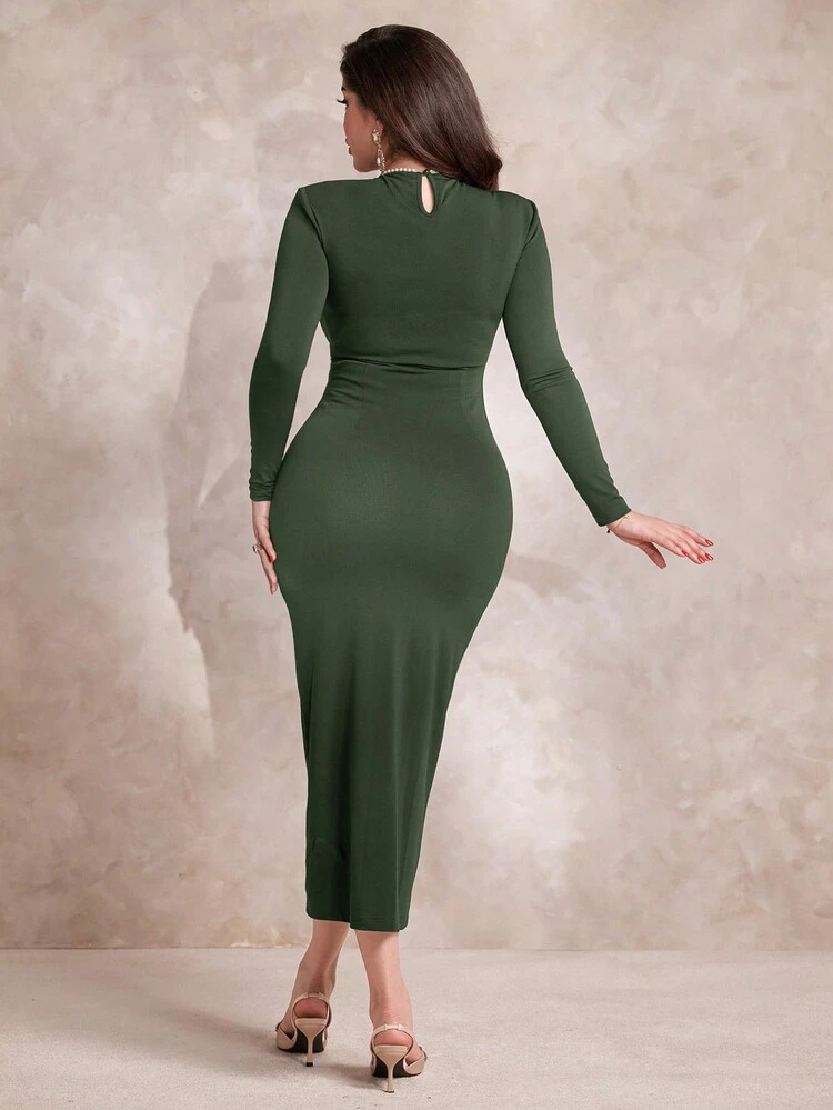 Women's Pearls Embellished Keyhole Neckline Pleated Dress