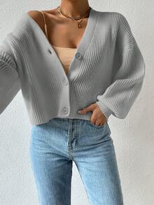 SHEIN EZwear 落肩袖燈籠袖條紋針織開襟衫 - 淺灰色 - 查看 3