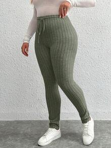 Calvaya Plus Size Skinny Ribbed Drawstring Waist Leggings - Army Green - View 5