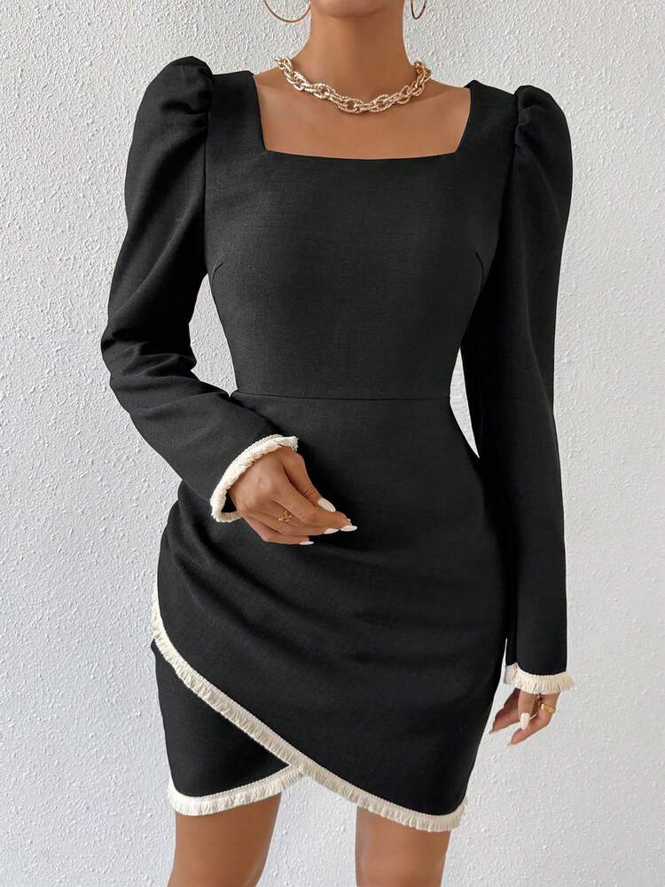 Women's Square Neck Wrap-front Pleated Dress With Tassel Detailing