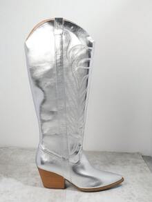 SHUZIA 女士銀色尖頭粗跟高筒靴，女士牛仔靴 - 銀色 - 查看 3