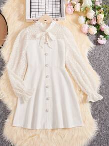 SHEIN Vestido De Retalhos Destacável De Nó De Borboleta De Lã Para Meninas Adolescentes Com Design Recortado