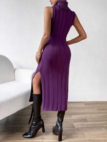 SHEIN Privé Của phụ nữ Màu thuần Cổ cao Không tay Viền chia cắt Đầm Áo len - Màu tím - Xem 2