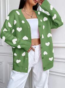 SHEIN Qutie Women's Fun Heart Patterned Casual Cardigan In Green - Multicolor - View 6