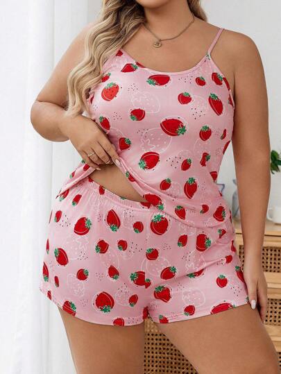 SweetSlumber Women's Strawberry Printed Plus Size Cami Pajama Set