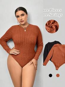 SHEIN Essnce 大碼女裝2入組彈力貼身長袖連體衣 - 鏽棕色 - 查看 4