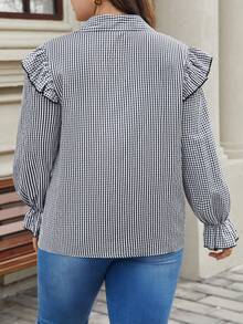 SHEIN Frenchy 大码女士条纹荷叶边衬衫 - 黑與白 - 查看 2