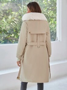 SHEIN Essnce 休闲夹棉大衣，带毛领，百搭撞色，冬季服装 - 米色 - 查看 2