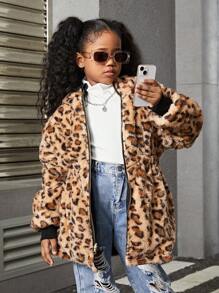 SHEIN Tween Girls Leopard Print Jacket With Hooded - Black - View 5