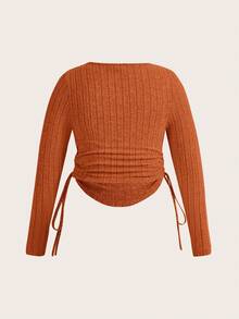 SHEIN EZwear 大碼缺口領側抽繩側收褶短款T恤 - 鏽棕色 - 查看 2