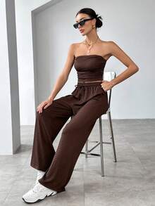 SHEIN Essnce Của phụ nữ Đơn giản Màu thuần Ống ngọn Và Quần Hai chiếc Bộ - màu nâu - Xem 6