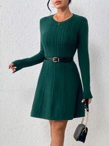 SHEIN Essnce Women's Solid Color Knitted Sweater Dress - Dark Green - View 3