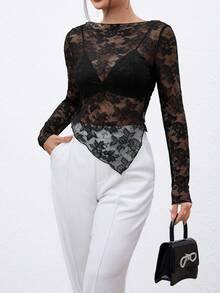 SHEIN Privé Ladies' Elegant Fringe Boat Neck Asymmetrical Hem Top - Black - View 4