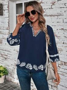SHEIN LUNE Flower Embroidery Notch Collar Lantern Sleeve Blouse
