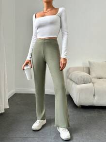 EURMUSE 高腰直筒褲 - 墨綠色 - 查看 4