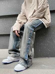 Manfinity EMRG 男士直筒牛仔褲寬鬆又長的酸洗深色牛仔褲，帶口袋，純藍色，派對嘻哈饒舌風格 - 淺灰色 - 查看 3