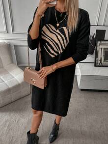 SHEIN LUNE Women's Zebra Pattern Heart Shaped Round Neck Casual Sweater Dress - Black - View 7